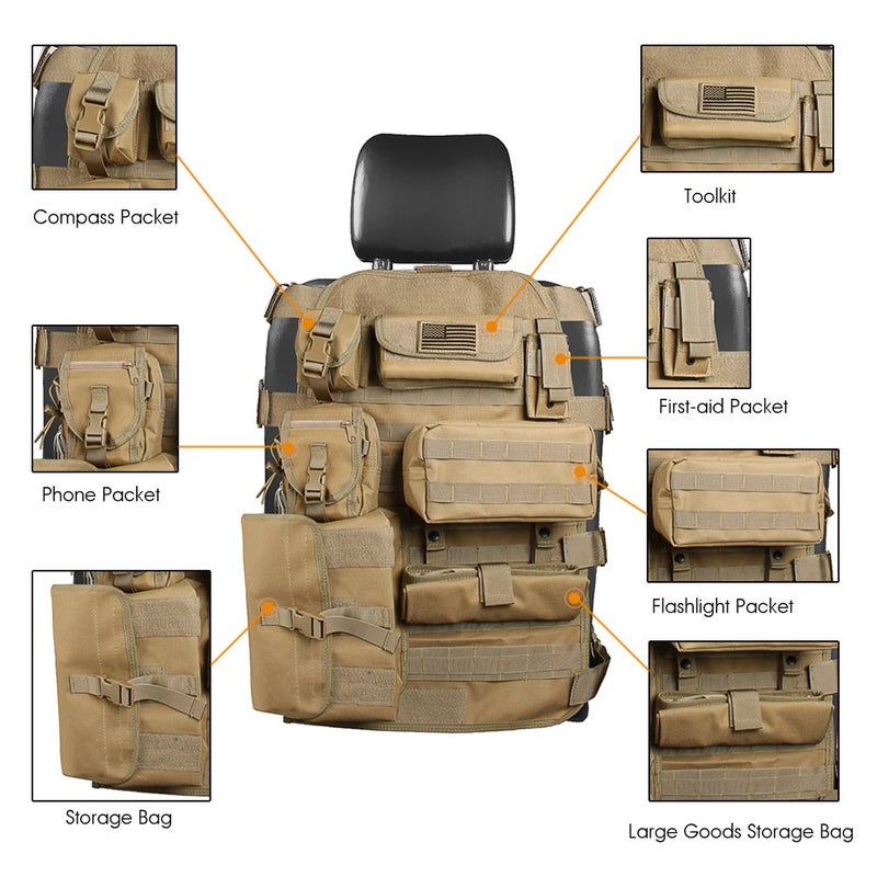 SUNPIE Upgrade Larger Seat Protector Universal Fit Tactical Seat Cover for Trucks Pickup SUV, Compatible with JL/JT, JK, TJ, Compatible with F150 Multi Pockets Molle Seat Back Organizer-Beige - Image 2